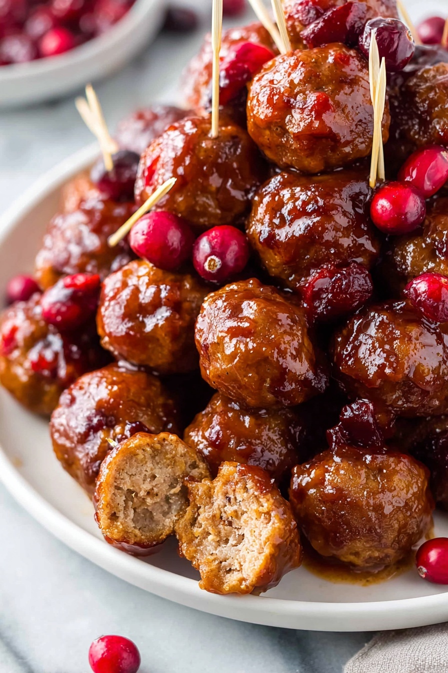 A white bowl is filled with many shiny, brown meatballs covered in a sticky sauce, giving them a glossy look. Bright red cranberries are mixed in among the meatballs, adding small pops of color. One meatball at the top is cut open, showing a soft, textured inside that is light brown. A few wooden toothpicks stick out from some meatballs. The bowl sits on a white marbled surface, and some cranberries are scattered around it. The photo taken with an iphone --ar 2:3 --v 7