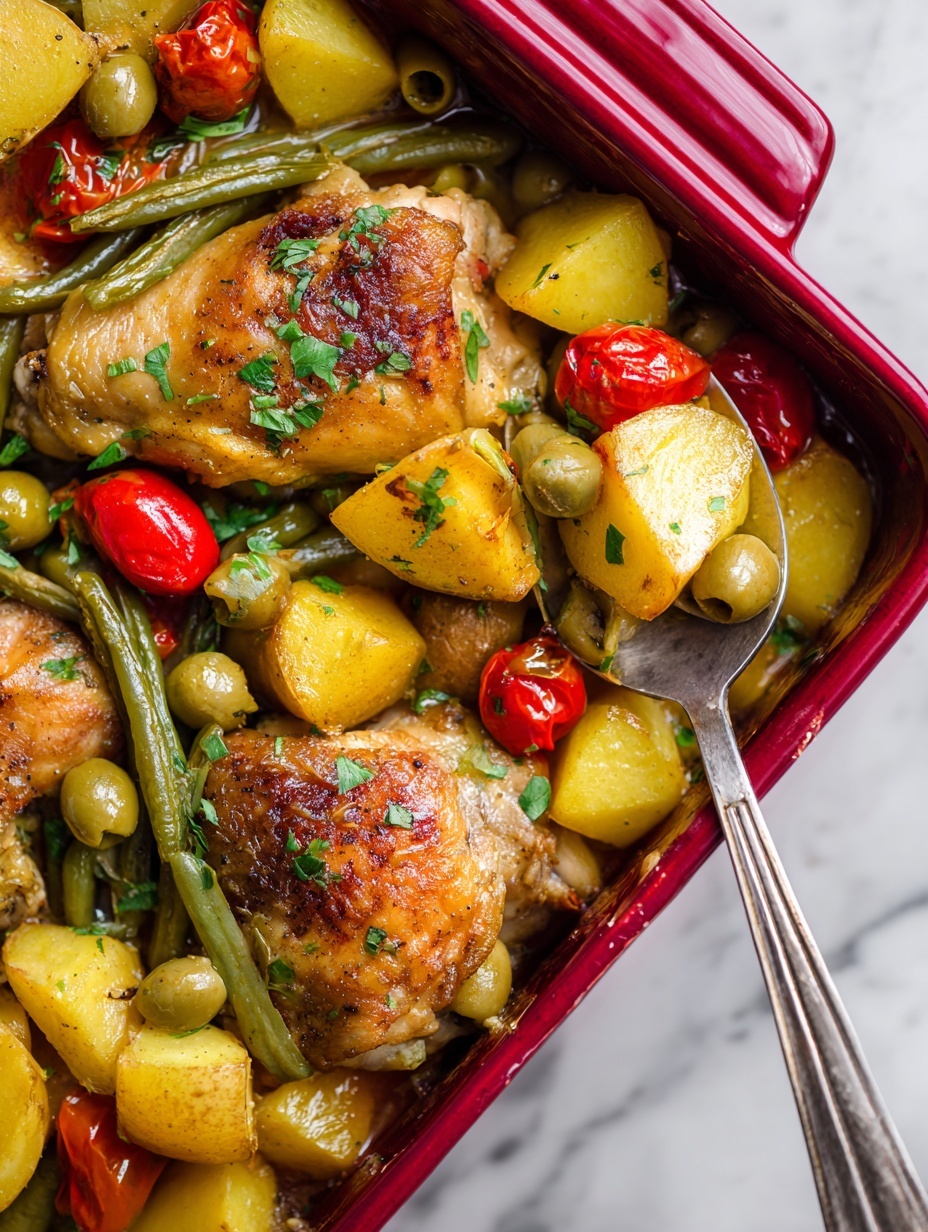The image shows a white baking dish filled with roasted food. There are many pieces of golden-brown cooked chicken on top, each piece having a light crispy texture with small green herb sprinkles. Mixed around the chicken are chunks of yellow and red potatoes, some with a soft texture and golden color. Bright green beans are scattered throughout, with some bright green olives and small red cooked cherry tomatoes adding color. The dish is topped with small green herb pieces for garnish. A silver spoon is lifting one piece of chicken from the dish. The background is a white marbled surface. photo taken with an iphone --ar 2:3 --v 7