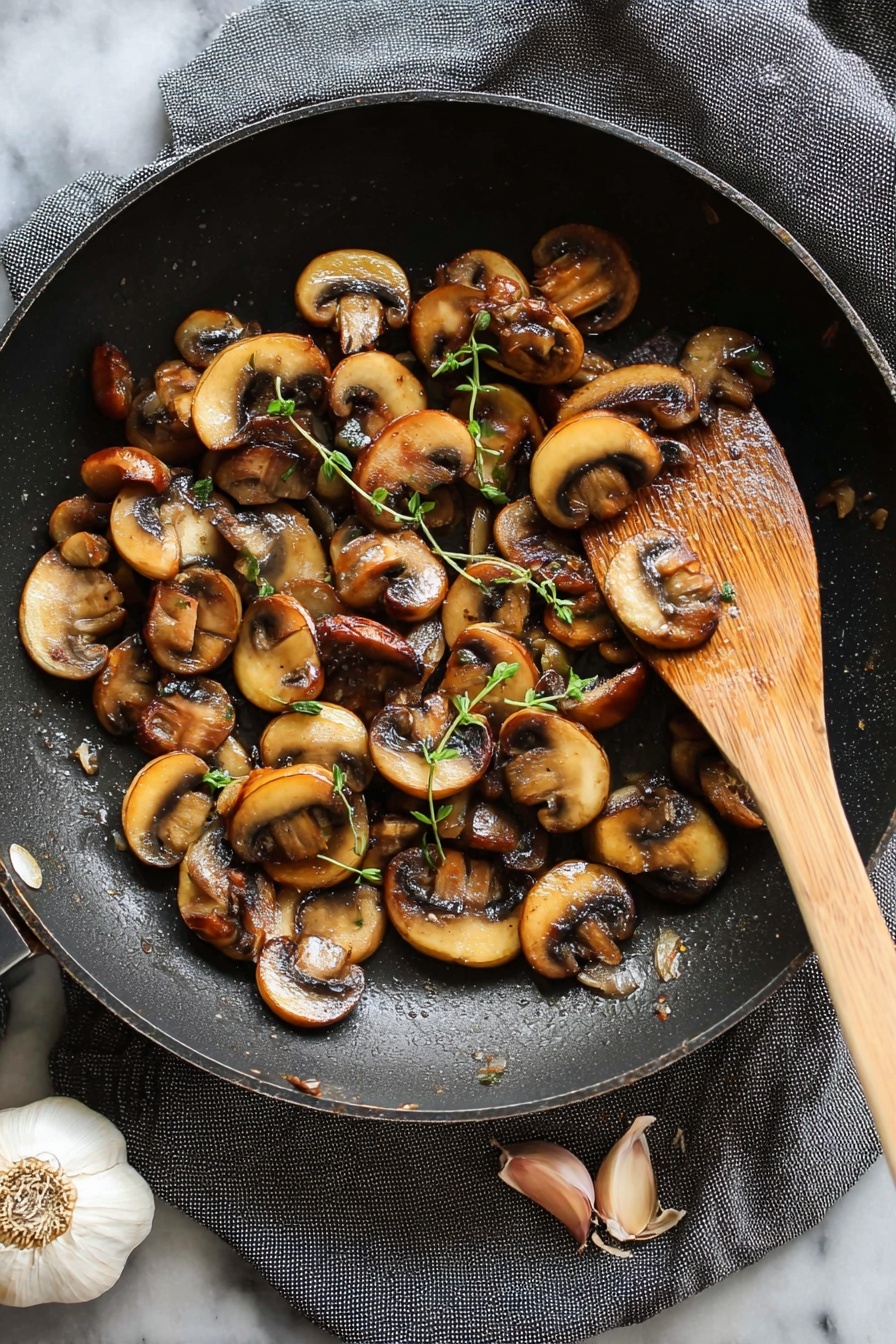A black pan filled with sliced brown mushrooms cooked to a golden brown color, mixed with green sprigs of thyme. A wooden spatula rests inside the pan, touching some mushrooms on the right side. The pan is placed on a white marbled surface with a dark gray cloth partially underneath and a bulb of garlic with some cloves on the bottom left corner. The mushrooms have a shiny, cooked texture with slightly crispy edges. photo taken with an iphone --ar 2:3 --v 7