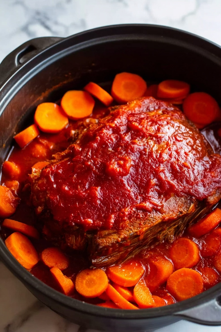 The image shows a dark pan filled with a thick layer of bright red sauce covering a large piece of cooked meat in the center. Around the meat, there is a single layer of round orange carrot slices, evenly spread and partially submerged in the sauce. The sauce looks smooth with a few patches of texture, and the carrots appear soft but still firm. The pan sits on a white marbled surface, and the lighting highlights the vibrant colors of the sauce and carrots. Photo taken with an iphone --ar 2:3 --v 7