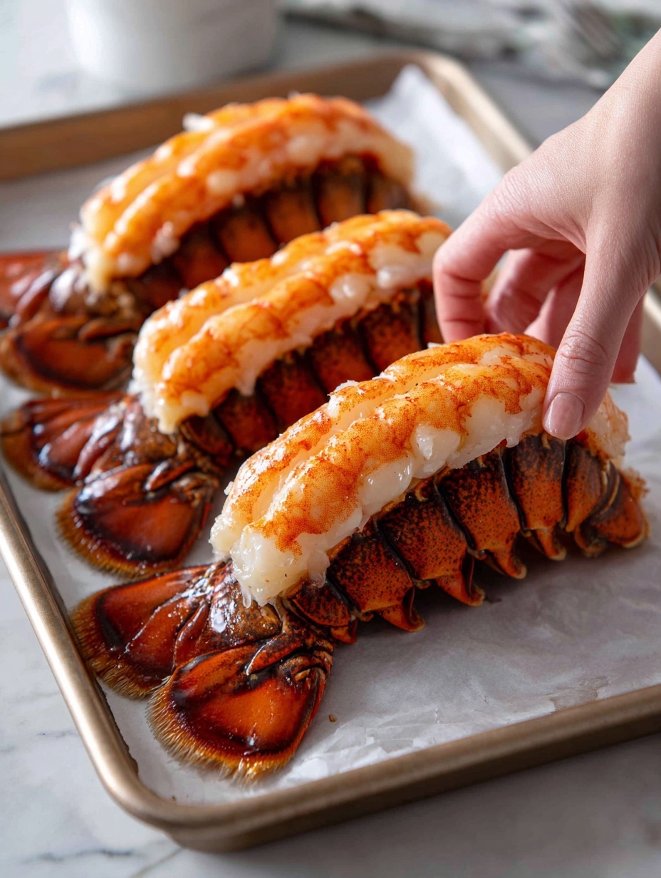 A close-up image shows a woman's hand holding one lobster tail above a baking tray lined with white parchment paper on a white marbled surface. There are four lobster tails in total, each split open to reveal the orange, slightly charred shell on the outside and a plump, creamy white lobster meat inside. The lobster meat has a smooth, slightly translucent texture, with hints of light golden-yellow butter or sauce on top. The shells are dark brown with a rugged, patterned texture. The overall look is fresh and cooked, with contrasting colors and textures between the shells and meat. Photo taken with an iphone --ar 2:3 --v 7