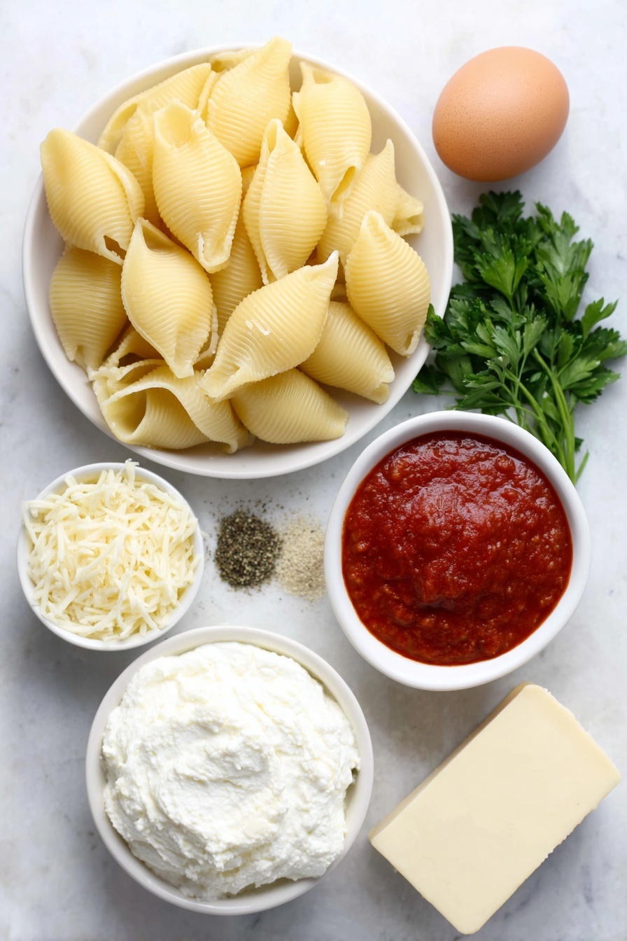 Flat lay of jumbo pasta shells arranged neatly next to a small mound of creamy ricotta cheese, a small white bowl filled with vibrant red marinara sauce, a handful of shredded mozzarella cheese scattered beside another small white bowl holding grated parmesan cheese, a softened block of cream cheese on a simple white ceramic plate, one large whole egg with a clean shell, fresh sprigs of finely chopped parsley beside a peeled large garlic clove, a pinch of sea salt and ground black pepper in tiny white bowls, placed on a clean white marble surface, soft natural light, photo taken with an iPhone, professional food photography style, fresh ingredients, white ceramic bowls, no bottles, no duplicates, no utensils, no packaging --ar 2:3 --v 7 --p m7354615311229779997