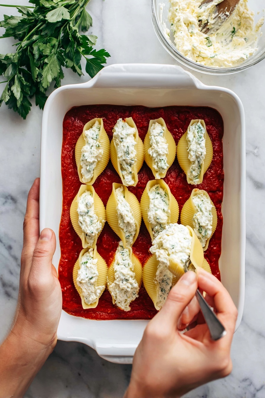 A white baking dish holds a layer of rich red tomato sauce spread evenly at the bottom. On top, there are eight pasta shells arranged in two rows near the top of the dish, each shell filled generously with a creamy white cheese mixture speckled with small green herbs. A woman's left hand is holding one pasta shell while her right hand uses a spoon to fill it with more of the white cheese mixture. To the upper left of the baking dish, there is a clear glass bowl containing more of the creamy cheese mixture. The scene is set on a white marbled surface with sprigs of fresh green parsley scattered nearby for decoration. photo taken with an iphone --ar 2:3 --v 7