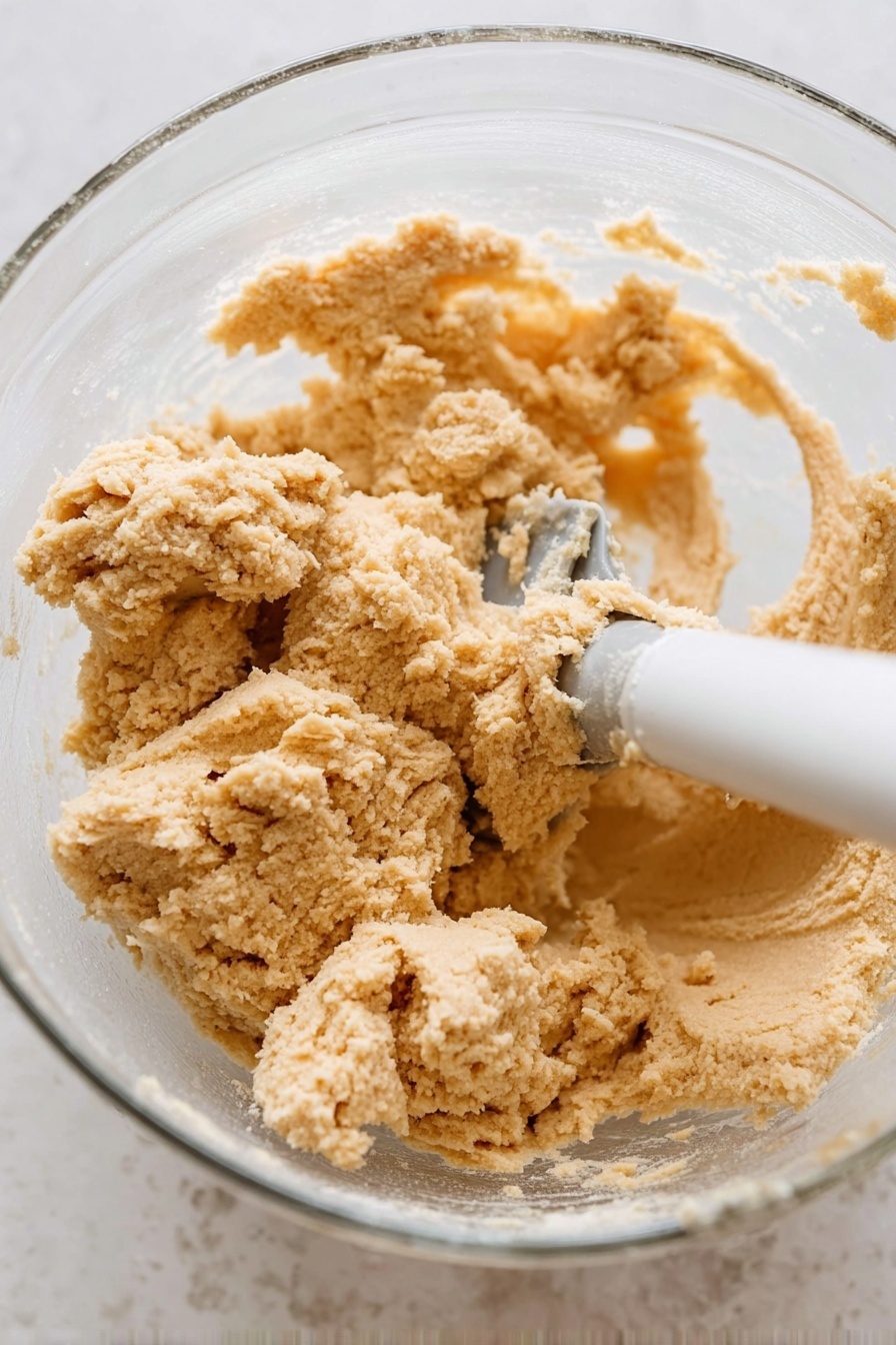 The image shows light beige cookie dough with a soft, slightly crumbly texture swirling around a white plastic paddle attachment inside a clear glass mixing bowl. The dough clings to the paddle and the sides of the bowl in uneven clumps, while some smaller bits scatter near the surface. The bowl sits on a white marbled surface. Photo taken with an iphone --ar 2:3 --v 7