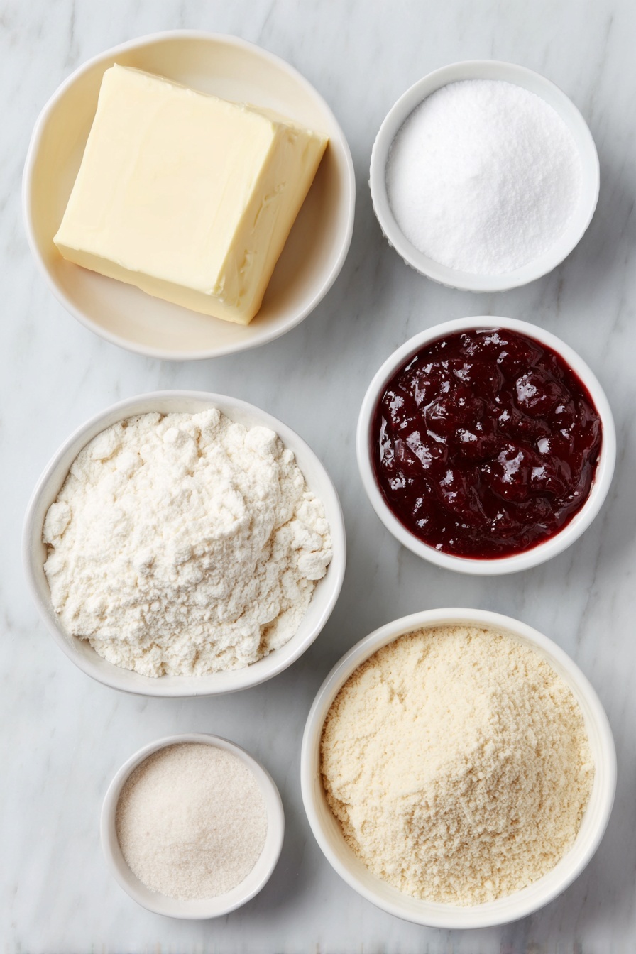 Flat lay of a small block of unsalted butter at room temperature, a small white ceramic bowl filled with sifted powdered sugar, a small white ceramic bowl containing smooth vanilla bean paste, a small white ceramic bowl with all-purpose flour, a small white ceramic bowl with almond flour, a small white ceramic bowl holding kosher salt, a few whole uncracked brown eggs, and a small white ceramic bowl filled with vibrant red jam for filling, all arranged in perfect symmetry on a clean white marble surface, soft natural light, photo taken with an iPhone, professional food photography style, fresh ingredients, white ceramic bowls, no bottles, no duplicates, no utensils, no packaging --ar 2:3 --v 7 --p m7354615311229779997