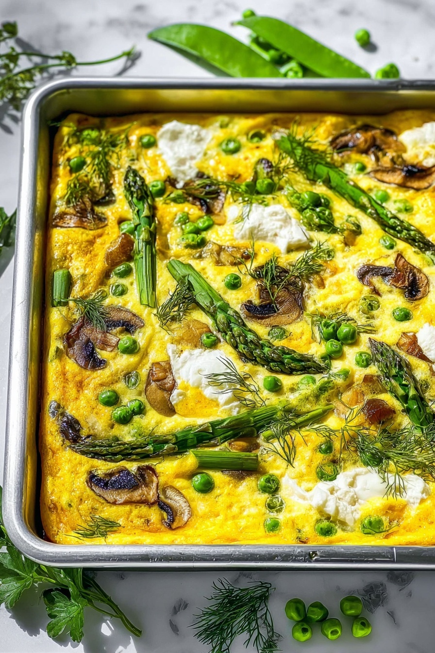 A rectangular silver baking tray filled with a vibrant yellow baked egg dish. The top layer shows scattered green asparagus spears, caramelized brown mushroom slices, small white dollops of cheese, and bright green peas mixed evenly. Fresh green herbs like dill and parsley are sprinkled generously on top, adding texture and color contrast. The tray sits on a white marbled surface with some fresh green herbs and asparagus placed around it for decoration. Photo taken with an iphone --ar 2:3 --v 7
