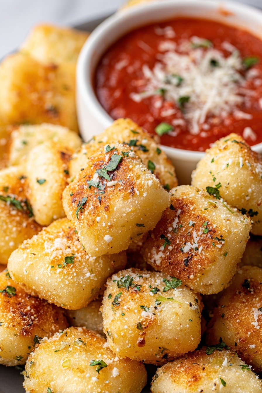 A white bowl holding bright red tomato sauce topped with bits of green herbs and white grated cheese sits in the center of a white plate filled with many small, golden-brown dough bites sprinkled with green herbs and white cheese flakes. One dough bite is held by a woman's hand dipping into the sauce. The dough pieces have a textured, slightly crispy look and are piled closely around the bowl, all resting on a white marbled surface. photo taken with an iphone --ar 2:3 --v 7