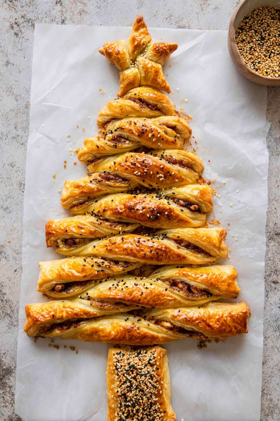A golden-brown puff pastry shaped like a Christmas tree with a star at the top, featuring five twisted branches on each side filled with a reddish layer of filling. The center trunk and star are sprinkled with mixed seeds, including sesame and pumpkin seeds. The pastry rests on crinkled white parchment paper placed on a white marbled surface, with small bits of gold festive confetti scattered around. Photo taken with an iphone --ar 2:3 --v 7