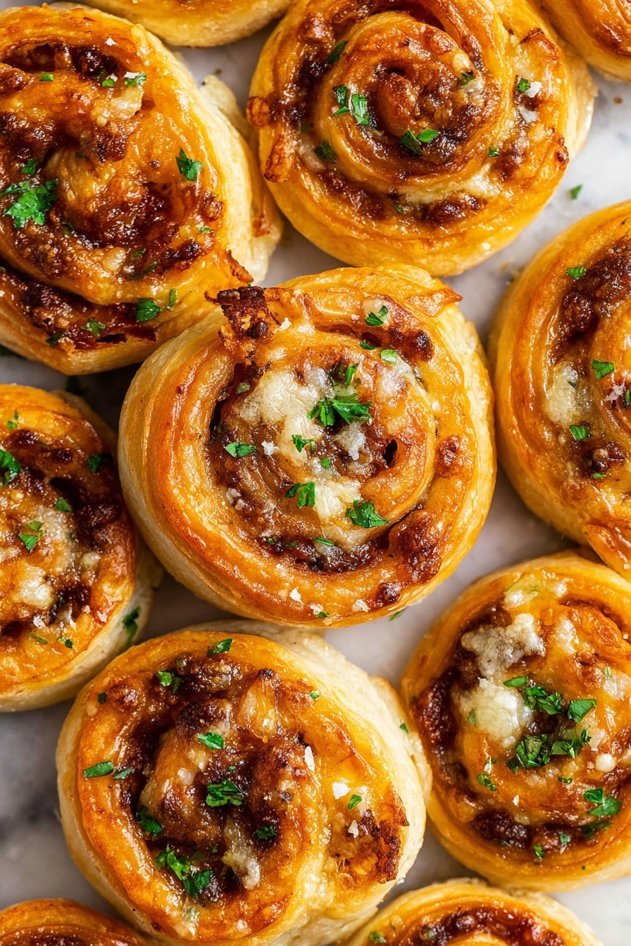 The image shows several round, golden-brown puff pastry swirls with three visible layers of crispy, flaky dough on the outside. The inner layer is darker brown with melted cheese and small patches of browned topping, giving a slightly rough and textured look. The pastries are sprinkled with small green chopped herbs and finely grated white cheese. They rest closely together on a white marbled surface, creating a warm and inviting scene. photo taken with an iphone --ar 2:3 --v 7