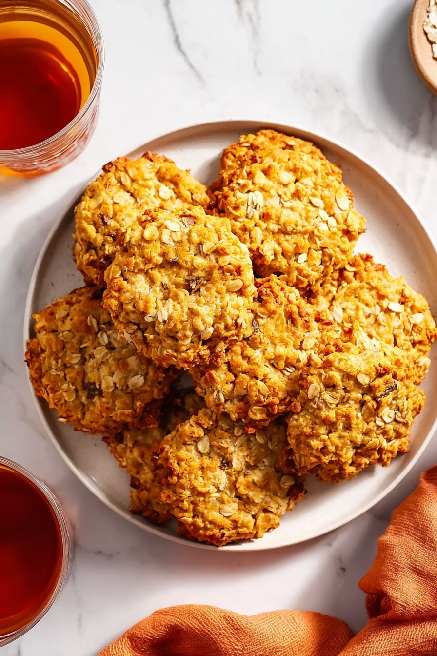A white round plate is filled with a pile of golden brown oatmeal cookies, each cookie showing a rough texture with visible oats and small chunks of what looks like fruit or nuts mixed inside. The cookies are thick and unevenly shaped, showing a homemade look. The plate sits on a white marbled surface, with a glass of light brown tea placed to the right side, creating soft shadows. The overall scene has a bright and warm lighting, highlighting the crispy and chewy texture of the cookies photo taken with an iphone --ar 2:3 --v 7