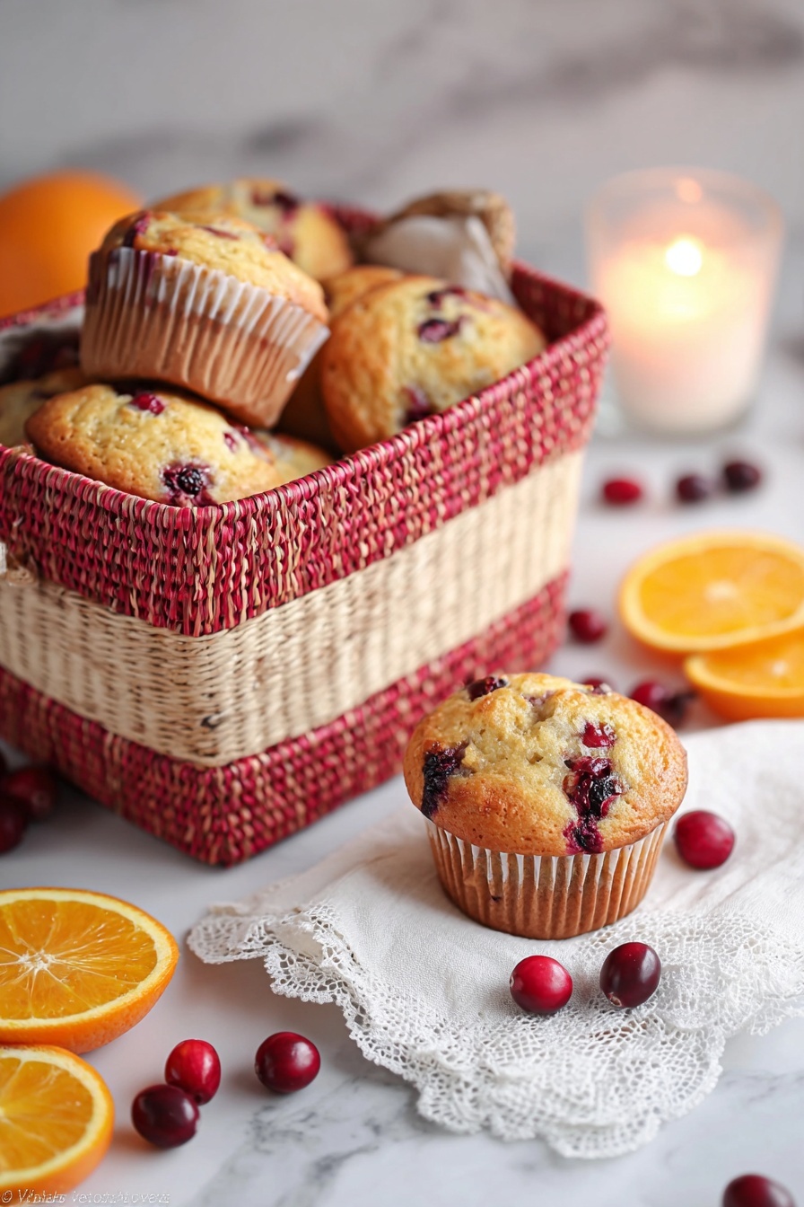 A basket lined with a white and red striped cloth holds nine golden-brown muffins, each studded with vibrant red cranberries and dark chocolate chips that peek through the soft, slightly cracked tops. The muffins are arranged in a cozy pile, showing a textured surface with a mix of smooth and rough patches, highlighting the melted chocolate and juicy cranberry pieces. The basket sits on a white marbled surface, with a hint of orange slices visible on the side. Photo taken with an iphone --ar 2:3 --v 7