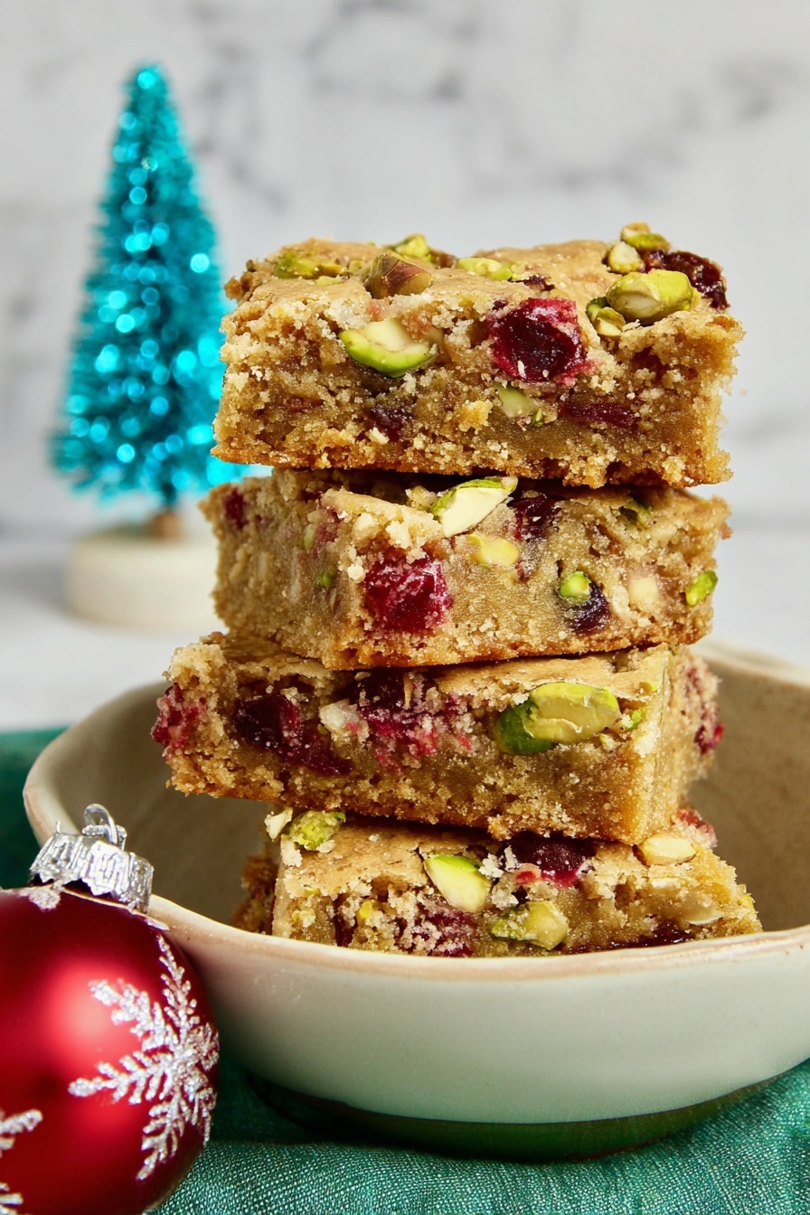 A stack of four square bars sits on a white dish with a slightly curved rim and a thin green edge. Each bar has a light brown, crumbly base filled with visible bright red cranberry pieces and small chunks of green pistachios and white nuts, creating a textured look. The bars are thick and uneven, showing the mix of ingredients inside. Around the dish are festive decorations, including two small, snow-dusted green Christmas trees to the left, colorful shiny ornaments with glitter in the foreground, a green and cream fringed cloth to the right, and a white bowl blurred in the background. All items are placed on a white marbled surface, with a simple light-colored wall behind. Photo taken with an iphone --ar 2:3 --v 7