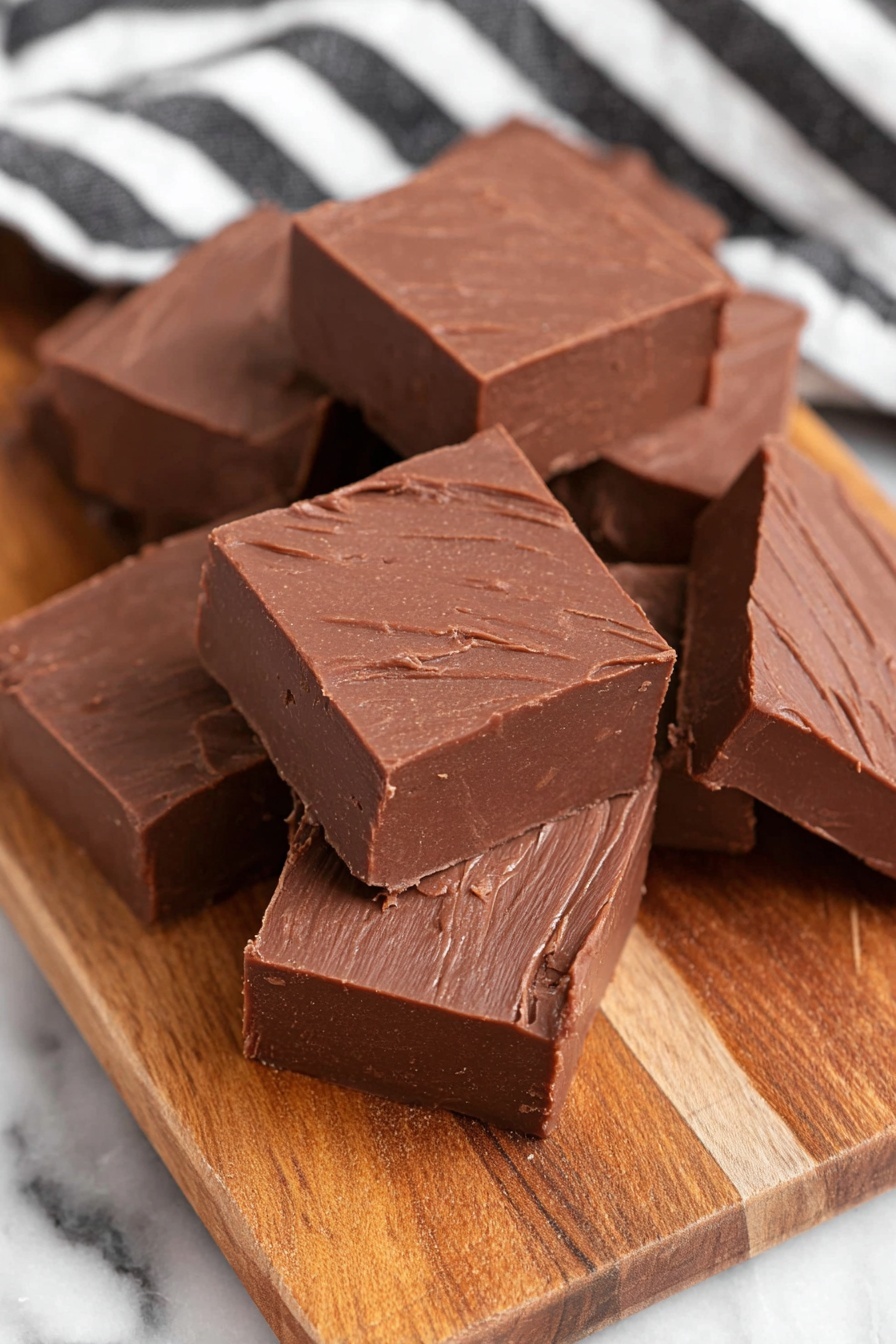 A wooden board holds many square pieces of dark brown chocolate fudge, with some squares stacked on top of each other. The front squares are sprinkled with small white and red candy pieces, adding color and texture on the smooth chocolate surface. Behind them, plain chocolate fudge squares create a neat pile. The board rests on a white marbled surface with a black and white striped cloth nearby. The overall look is rich and festive with simple, clean lines photo taken with an iphone --ar 2:3 --v 7