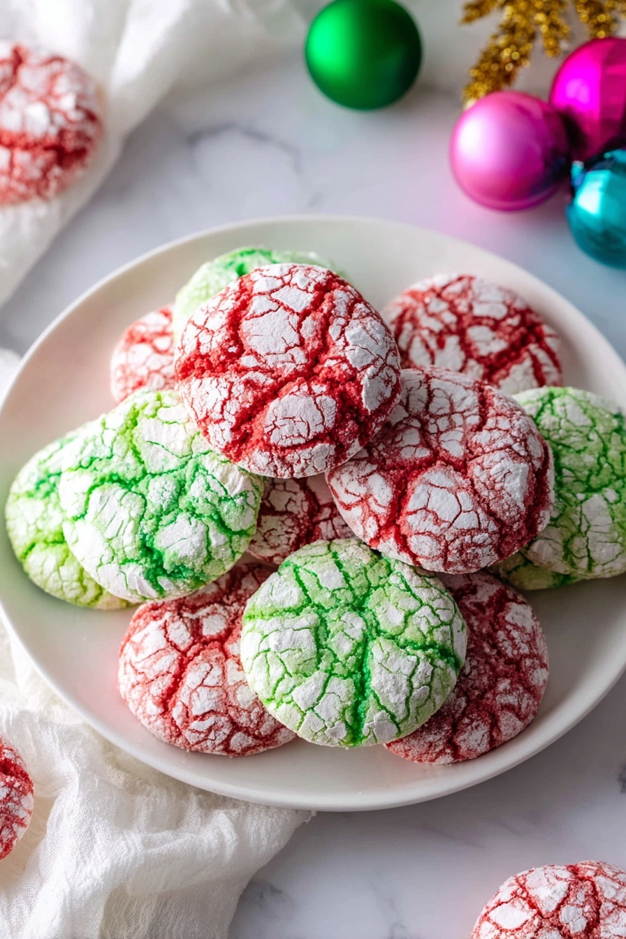 On a white plate, there is a pile of small round cookies in two colors: bright red and green. Each cookie has a cracked surface, showing the cookie’s colored dough beneath a thick layer of powdered sugar that gives a frosted, white texture on top. The cookies are stacked in a loose pile, with a mix of green and red cookies placed randomly. The plate is set on a white marbled surface with some festive decorations like red berries and shiny green and pink bells around it. Photo taken with an iphone --ar 2:3 --v 7