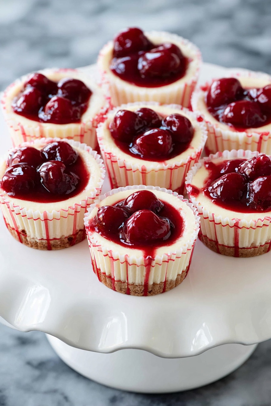 Seven small cheesecake cups sit on a white cake stand with a scalloped edge, each cheesecake resting in a white paper cup with red checkered patterns. Each cheesecake has two visible layers: the bottom layer is pale cream, smooth and firm, while the top layer is a glossy, deep red cherry topping with whole cherries, shiny and thick, piled in the center. The background has a white marbled texture. photo taken with an iphone --ar 2:3 --v 7