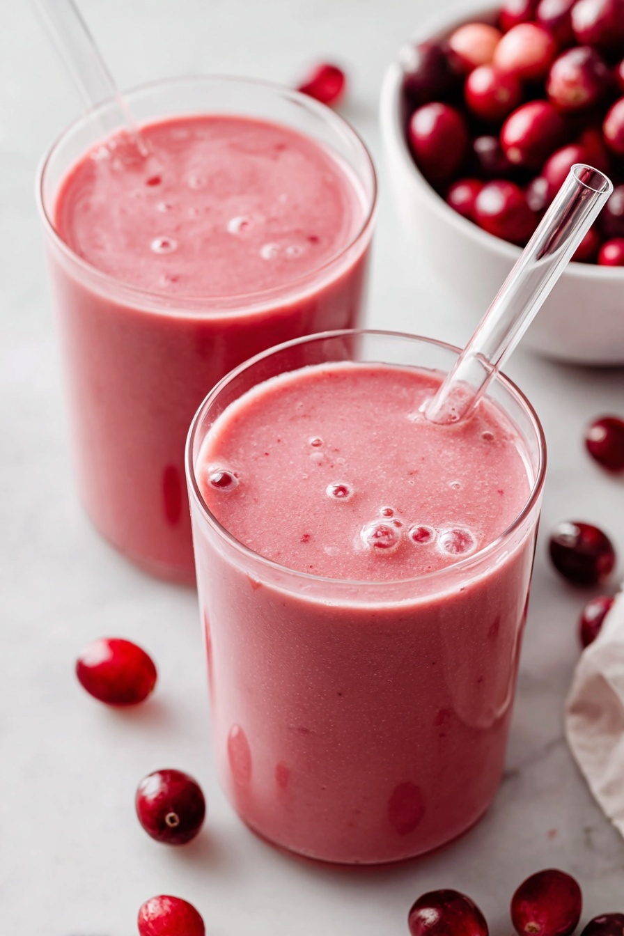A glass filled with a smooth, pink smoothie that has tiny bubbles on the surface, with a clear glass straw inserted on the left side. In the background, there is another glass with the same smoothie, and red cranberries, some whole and some sliced, scattered around the glasses on a white marbled surface. A white cloth can be seen slightly on the right side. The lighting is soft and natural, highlighting the fresh, vibrant colors of the drink and cranberries photo taken with an iphone --ar 2:3 --v 7