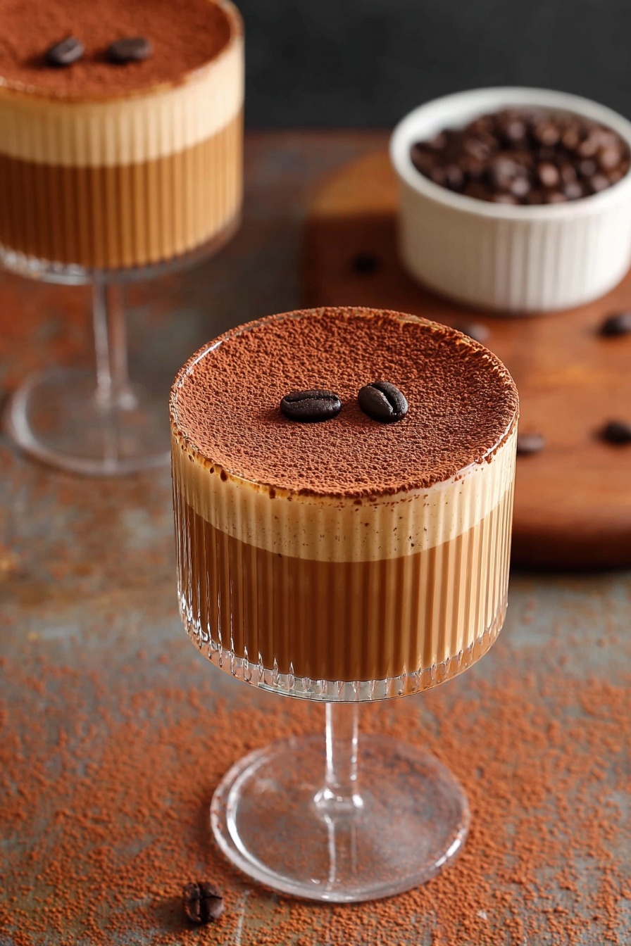 The image shows two clear glass coupe glasses filled with a creamy light brown coffee drink. The drink has one smooth layer and is topped with a fine dusting of dark cocoa powder. Three shiny dark coffee beans float on the cocoa powder in the center of each drink. In the background, there is a small white bowl filled with dark brown coffee beans. The glasses are placed on a white marbled surface with scattered cocoa powder around them. The photo is taken with an iphone --ar 2:3 --v 7