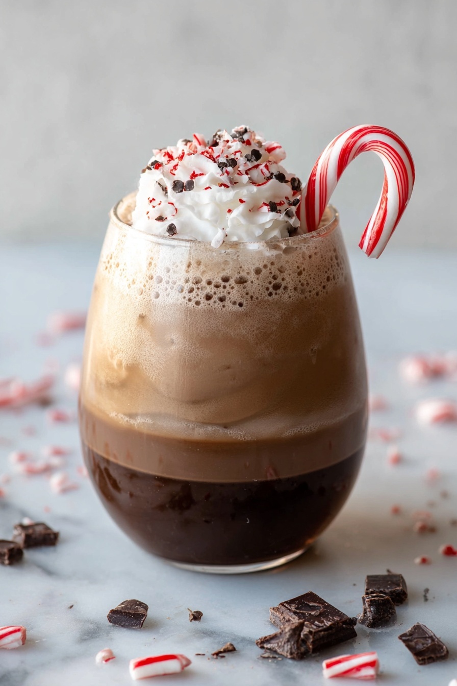 A clear glass shows a three-layer drink starting with a thick dark chocolate layer at the bottom, a middle layer of lighter brown iced coffee with visible ice cubes floating, and a top layer of white whipped cream sprinkled with dark chocolate shavings. A red and white striped candy cane hangs on the right side of the glass. The glass sits on a white marbled surface with scattered chocolate chunks and candy cane pieces around it. photo taken with an iphone --ar 2:3 --v 7
