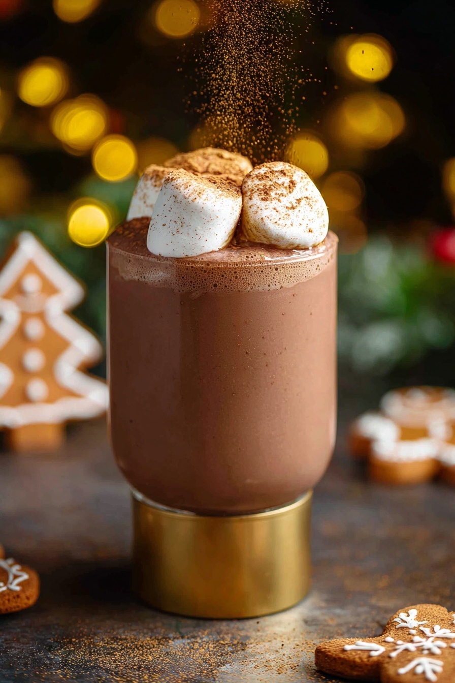 A tall clear glass filled with three layers: the bottom layer is a thin golden base, the middle layer is a thick, smooth chocolate drink with a rich brown color, and the top layer is a fluffy white whipped cream sprinkled lightly with brown cinnamon powder. A clear straw is inserted from the right side into the drink. The glass is placed on a dark table with some white snowflake and star-shaped cookies around it, with warm, blurry yellow lights in the background and a white marbled texture surface. photo taken with an iphone --ar 2:3 --v 7