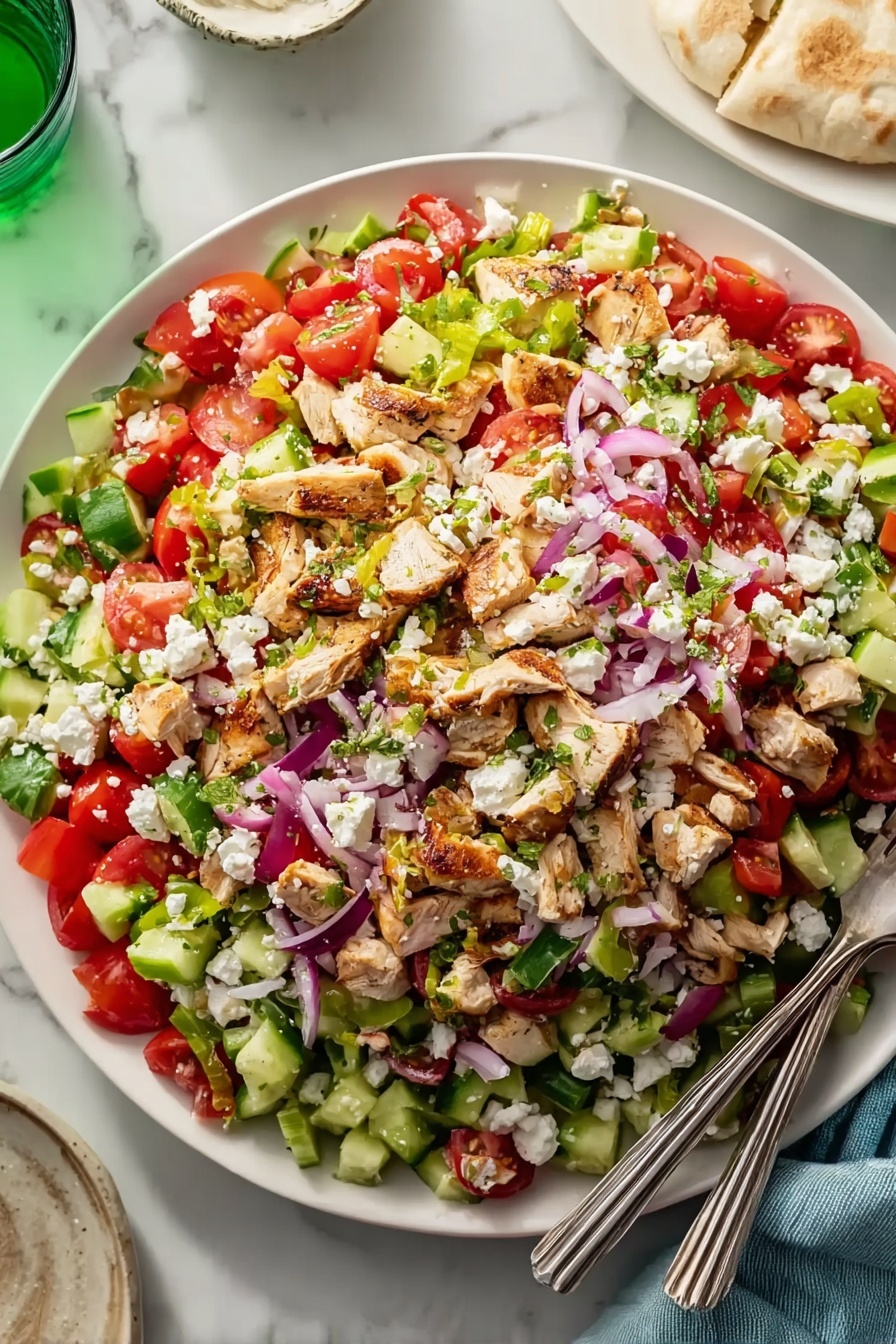 A large round white plate filled with a colorful chopped salad featuring multiple layers: the bottom layer is mixed green chopped cucumber and green bell pepper pieces, followed by scattered bright red chopped tomatoes, and thin slices of light purple onion spread evenly. On top, there are light brown cooked chicken chunks and white crumbled cheese placed all over the salad. Two silver forks rest on the right side of the plate, and the plate sits on a white marbled surface, with a small part of white flatbread on a white plate visible in the top right corner, and a green glass on the left side. photo taken with an iphone --ar 2:3 --v 7