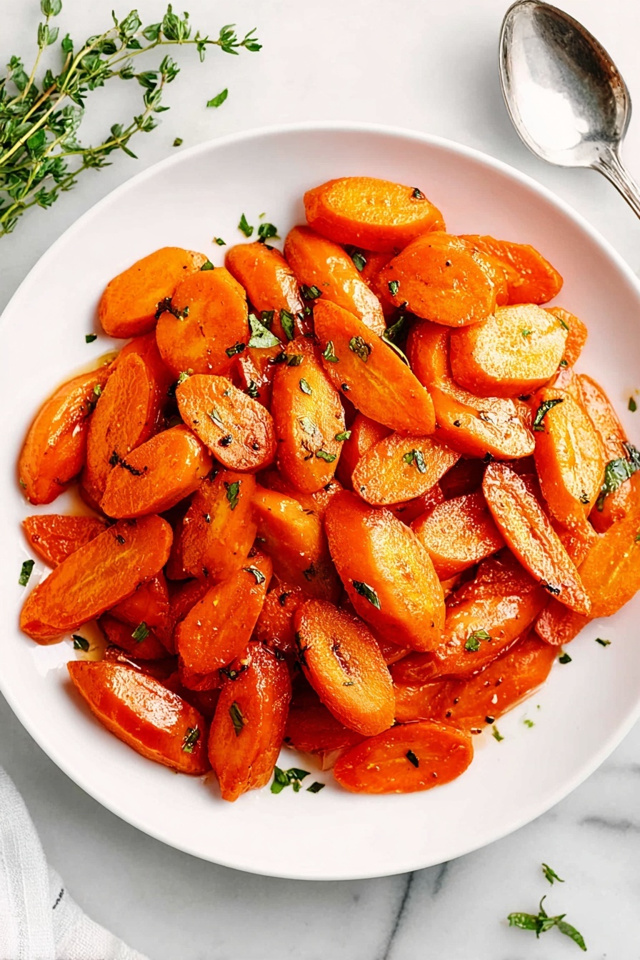 The image shows a white bowl filled with two layers of cooked carrot pieces, each carrot having a shiny, slightly oily orange surface with some visible seasoning giving a speckled texture. The carrots are cut into diagonal thick slices and scattered fresh green parsley leaves are sprinkled on top, adding contrast. The bowl is placed on a white marbled surface with some parsley sprigs in the background and a metallic spoon to the side. Photo taken with an iphone --ar 2:3 --v 7