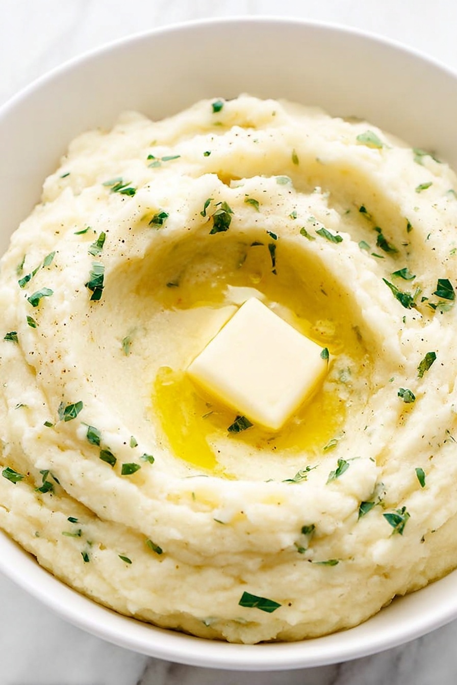 A white bowl filled with creamy mashed potatoes that have a smooth and fluffy texture. The mashed potatoes form one main layer, swirled gently with soft peaks and valleys. On top, there is a square pat of melting butter spreading golden yellow liquid lightly over the surface. Small green herb pieces are scattered evenly across the mashed potatoes, adding a touch of color contrast. The bowl sits on a white marbled surface. photo taken with an iphone --ar 2:3 --v 7