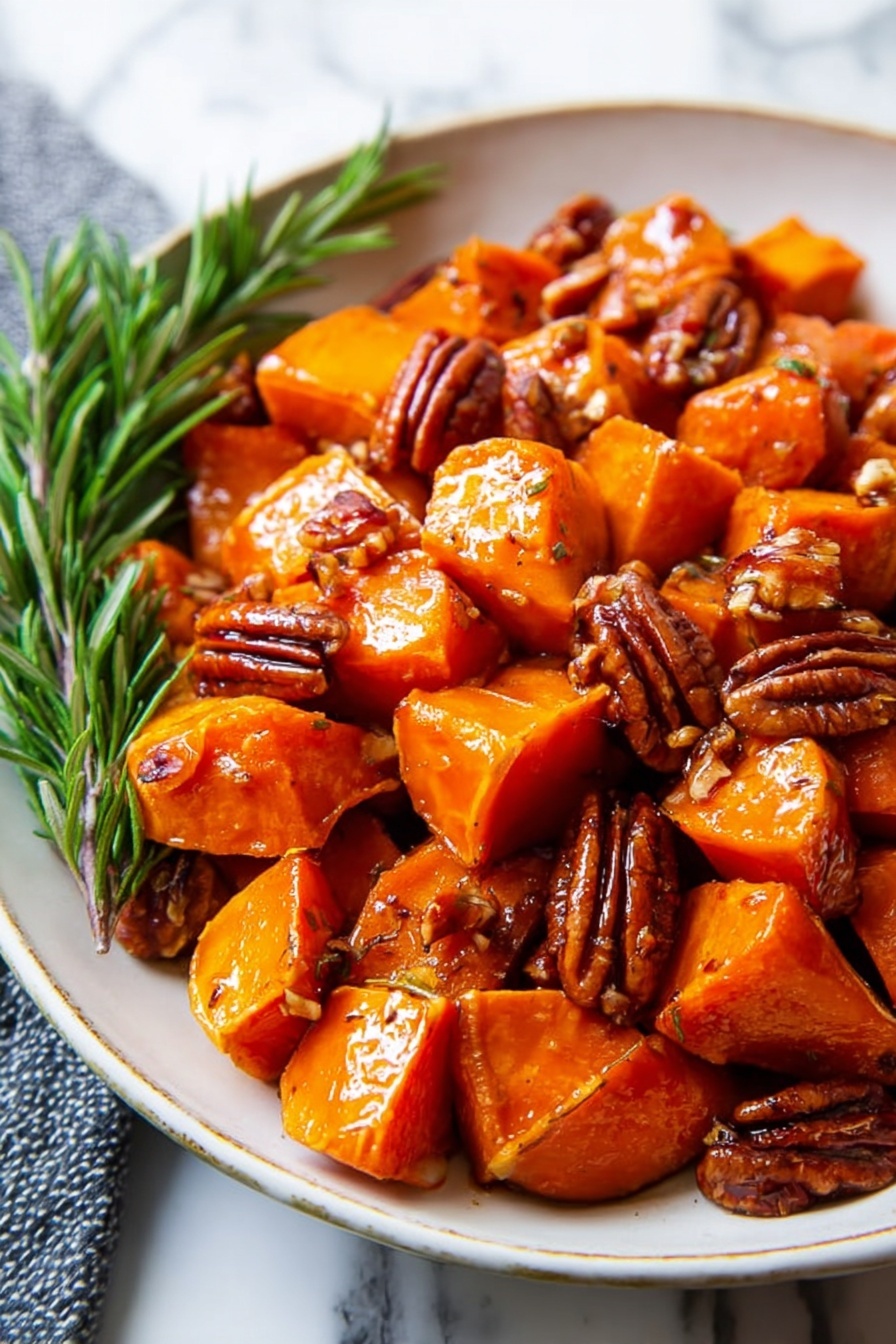 A close-up of a beige bowl filled with roasted orange sweet potato chunks and shiny, brown pecans scattered on top. The sweet potatoes look soft and glazed, showing a slightly caramelized texture. On the left side of the bowl, a small green rosemary branch rests, adding a touch of freshness. The bowl sits on a white marbled surface next to a cream-colored cloth with a silver trim. The overall look is warm and inviting, with bright orange and rich brown tones. photo taken with an iphone --ar 2:3 --v 7