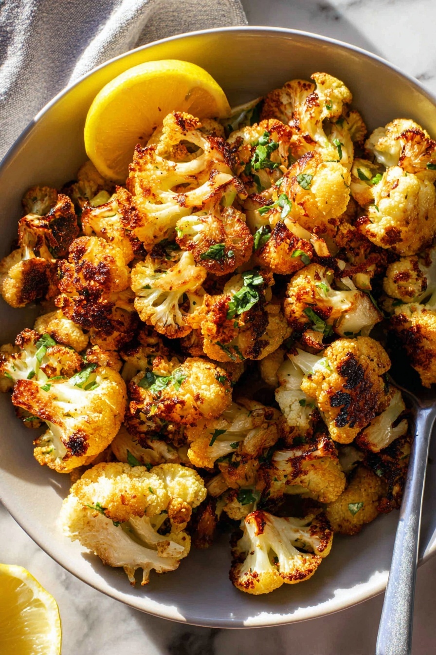 A light tan bowl filled with a large pile of roasted cauliflower florets showing a mix of golden brown and charred orange spots, sprinkled with small chopped green herbs all over. The cauliflower pieces have a slightly rough, crispy texture. In the back top right of the bowl rests a bright yellow lemon wedge, angled with its juicy inside facing forward. The bowl is placed on a white marbled surface glowing under natural sunlight. photo taken with an iphone --ar 2:3 --v 7
