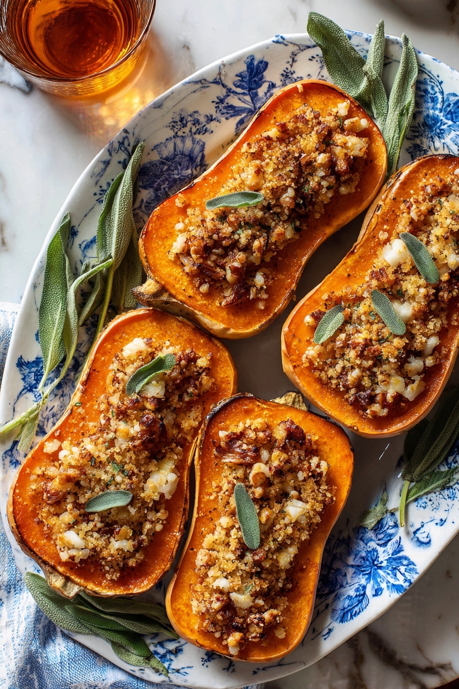 Five halves of butternut squash with an orange soft inside and slightly brown roasted edges, each topped with a crumbly golden-brown nut and breadcrumb mixture and scattered green sage leaves. The squash halves are arranged on a white plate with blue floral designs, placed on a white marbled surface. There is a hint of a clear amber drink in a glass cup to the upper right, and some fresh sage leaves and a brown textured cloth in the lower left corner. Photo taken with an iphone --ar 2:3 --v 7
