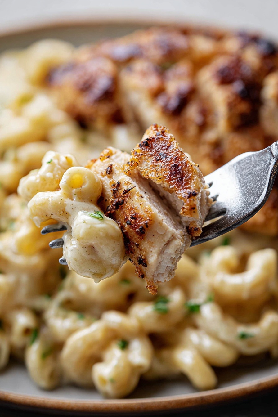 The image shows a black cast iron pan filled with a creamy macaroni pasta base, pale yellow with a smooth texture and small green herb flecks scattered throughout. On top, there is a single piece of well-cooked chicken sliced into nine thick, even strips, arranged in a slightly fanned-out pattern in the center. The chicken is golden brown with darker grilled spots and sprinkled with small green herb bits. The pan sits on a surface with a white marbled texture. photo taken with an iphone --ar 2:3 --v 7