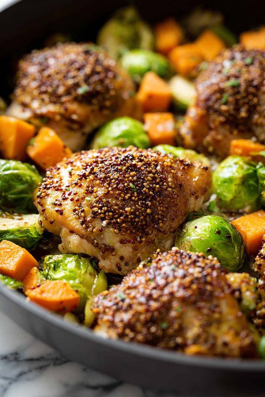The image shows a white textured plate with two pieces of cooked chicken with a grainy brown sauce on top, placed near the center. Surrounding the chicken are bright green halved Brussels sprouts and orange cubed sweet potatoes, all roasted. A silver fork with a wooden handle rests on the left side of the plate, touching the food. The plate sits on a white marbled surface. photo taken with an iphone --ar 2:3 --v 7
