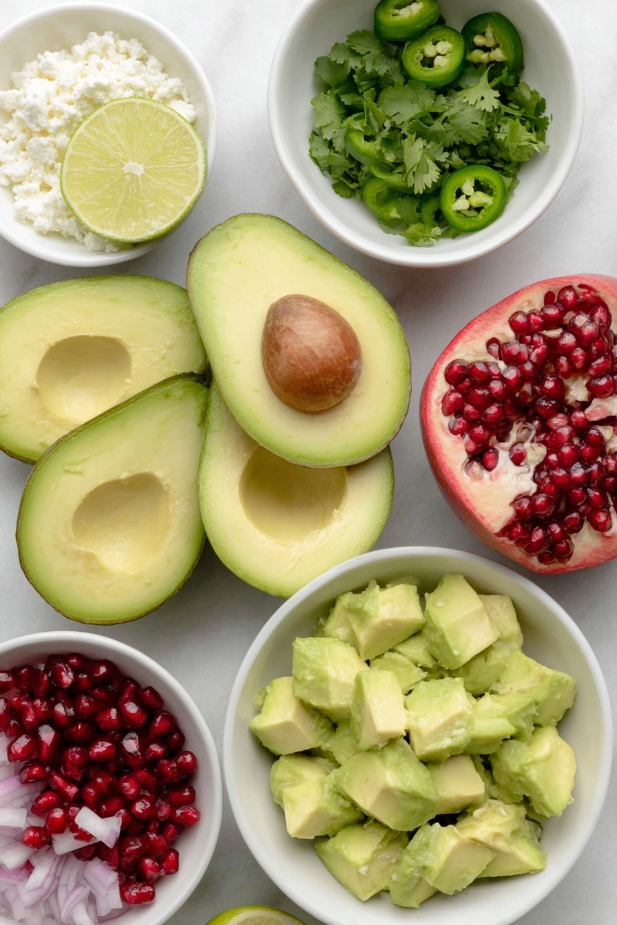 Flat lay of four medium ripe avocados, pitted and diced; a small white bowl of fresh lime juice; two whole uncracked garlic cloves; a small white bowl of salt; half a medium red onion, chopped; a small bunch of fresh cilantro leaves, chopped; two small green jalapeños, seeded and chopped; a medium pomegranate sliced open with bright red pomegranate arils spilling out; a small white bowl with crumbled feta cheese, placed on a clean white marble surface, soft natural light, photo taken with an iPhone, professional food photography style, fresh ingredients, white ceramic bowls, no bottles, no duplicates, no utensils, no packaging --ar 2:3 --v 7 --p m7354615311229779997