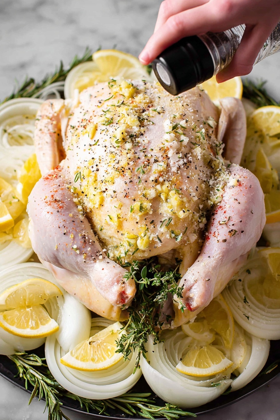 A whole raw chicken sits in the middle of a white marbled surface, covered lightly with a yellowish herb butter mix and sprinkled with coarse salt and cracked black pepper. It is surrounded by layers of thinly sliced pale yellow lemon wedges and white onion slices. Inside the chicken cavity, fresh green rosemary and thyme sprigs peek out. A woman's hand is seen holding a black pepper grinder above the chicken, actively seasoning it. The chicken's skin is smooth and pale with a slight sheen, contrasting with the textures of the lemon slices and fresh herbs. photo taken with an iphone --ar 2:3 --v 7