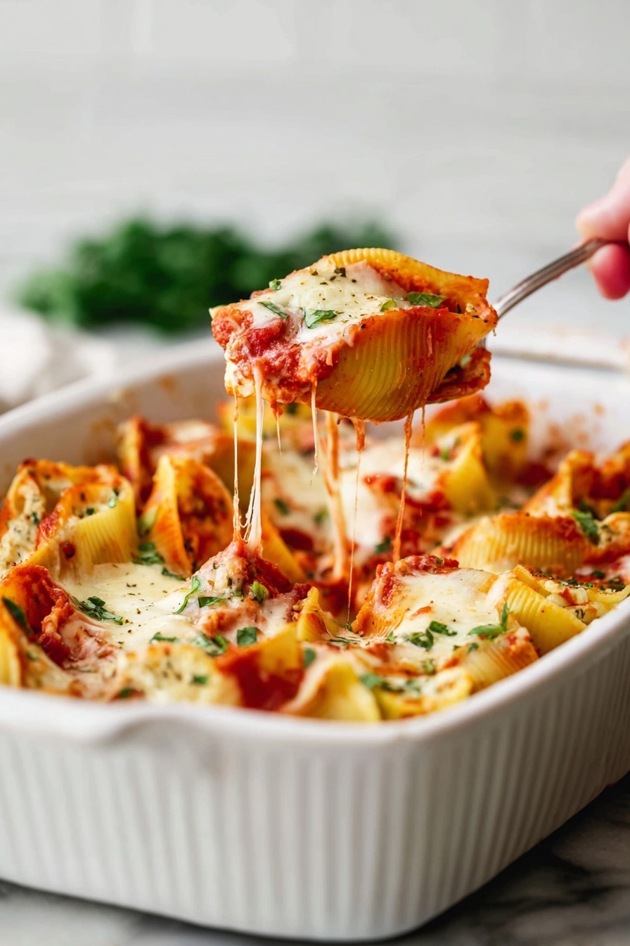 The image shows a white rectangular baking dish filled with stuffed pasta shells in three visible layers. The bottom layer is red tomato sauce that looks thick and rich. Above it are large yellow pasta shells stuffed with a creamy white cheese mixture speckled with green herbs. The top layer is melted cheese toasted to a golden brown with some darker spots and bits of red sauce on top. A woman's hand holding a silver spoon is lifting one pasta shell, stretching gooey white melted cheese from the dish. The dish is placed on a white marbled surface with some green herb leaves nearby in soft focus. Photo taken with an iphone --ar 2:3 --v 7