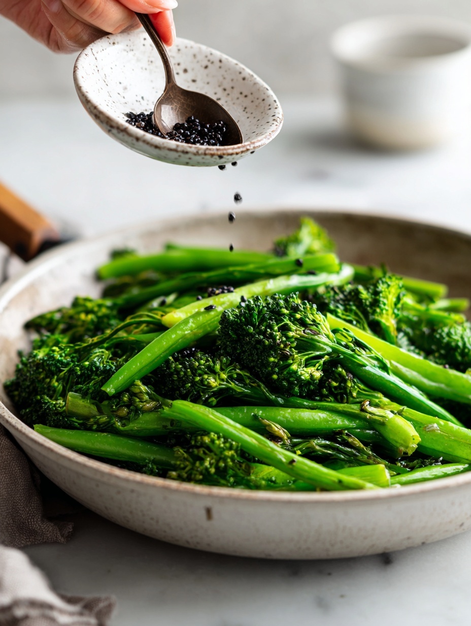 A large silver pan filled with bright green broccolini and green beans, both glistening with a light shine, occupies the center of the image. A woman's hand holds a small white bowl near the upper right, tilting it to pour small dark brown lentils into the pan. A black cooking spoon rests inside the pan, partially under some of the vegetables. The pan sits on a white marbled surface. photo taken with an iphone --ar 2:3 --v 7