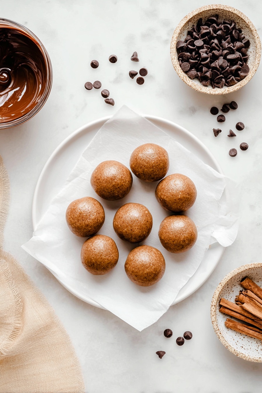 There is a white plate with a round shape, lined with a white parchment paper, holding eleven smooth brown dough balls that look soft and shiny. They are evenly spaced with some small cracks visible on a couple of the balls. Around the plate on the white marbled surface, there is a small bowl filled with dark chocolate chips in the top right corner, a small clear bowl next to it containing a light brown powder, and next to the bottom right of the plate, a textured light brown bowl holds three cinnamon sticks. In the top left corner, there is a white bowl showing melted dark chocolate with a whisk inside. A few chocolate chips are scattered beside the bowls. photo taken with an iphone --ar 2:3 --v 7