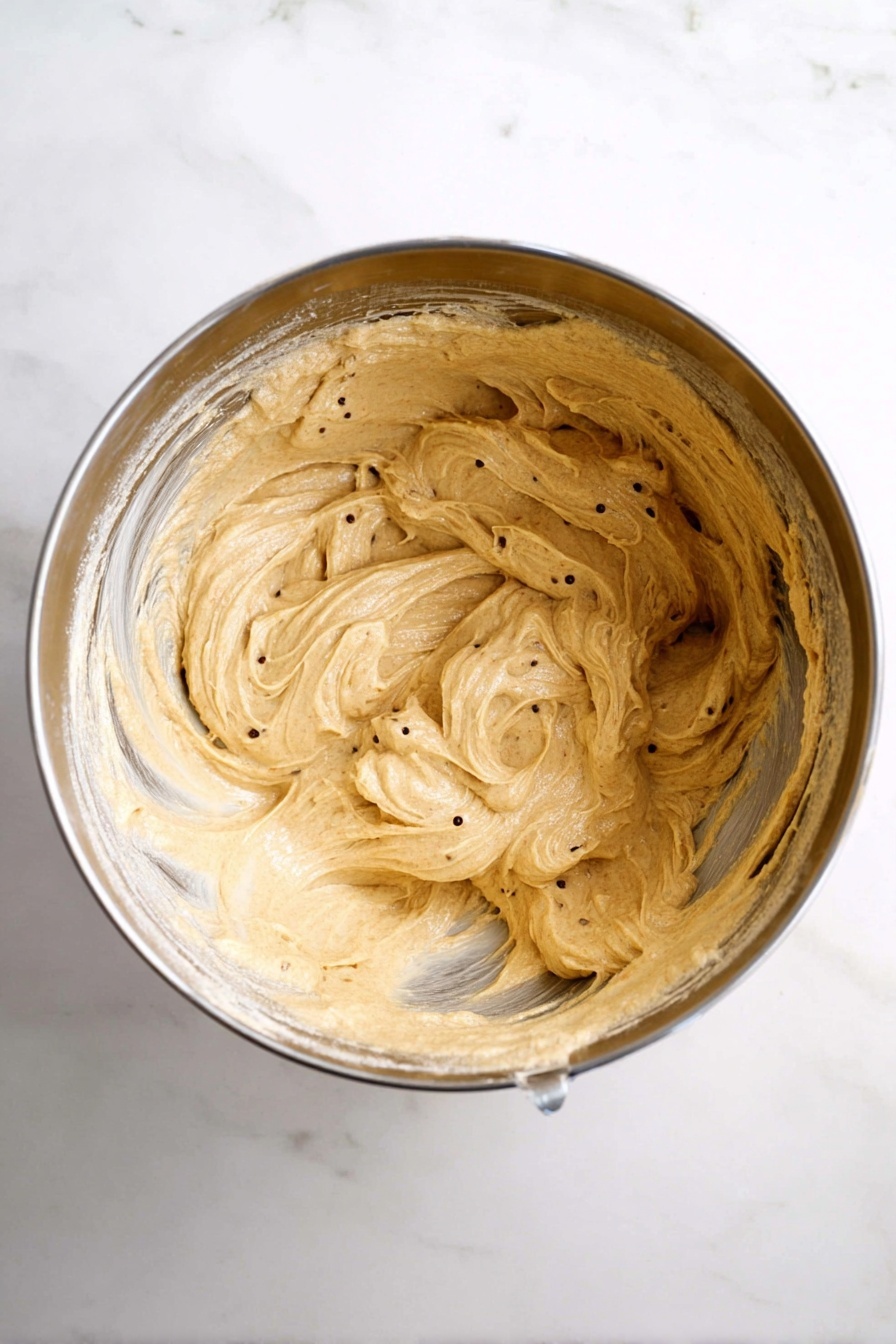 A close-up view inside a shiny silver metal mixing bowl filled with creamy, light brown batter with visible small darker specks, swirled unevenly around the bowl's interior. The batter has a smooth, whipped texture with some peaks and ridges formed by mixing. The bowl sits on a white marbled surface, showing a clean, bright background that contrasts with the batter's warm color. photo taken with an iphone --ar 2:3 --v 7