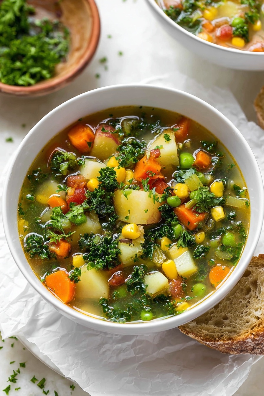 The image shows a white bowl filled with vegetable soup placed on a white plate. The soup has many layers: a clear broth with various bright, colorful pieces floating on top, including green kale leaves, orange carrot cubes, yellow corn, green peas, white potato chunks, and small bits of red tomato. The kale is curly and gives texture, while the other vegetables add color and shape contrast. A piece of broken brown bread is on the white plate beside the bowl. The background is a white marbled texture. Photo taken with an iphone --ar 2:3 --v 7