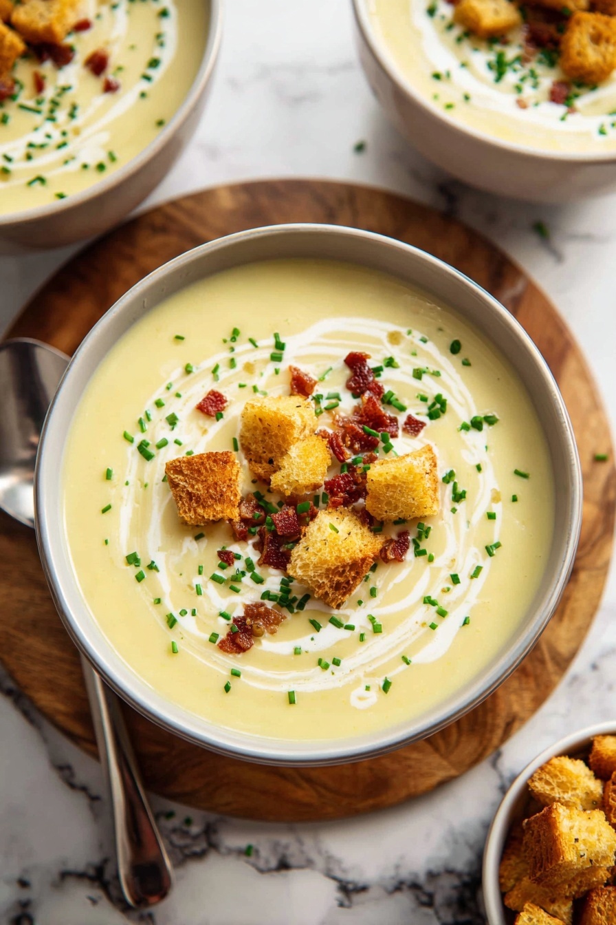 The image shows a bowl of creamy, light yellow soup with a smooth texture, topped with several golden brown crispy croutons spread over the center. Small green chive pieces are sprinkled evenly across the soup’s surface, adding spots of color. There are also small bits of reddish-brown bacon scattered near the croutons. A swirl of white cream is gently drizzled in a loose circle on top of the soup. The bowl is white and placed on a dark wooden board, which rests on a white marbled surface. In the background, a blurred spoon and fork are visible, suggesting a ready-to-eat setting. Photo taken with an iphone --ar 2:3 --v 7