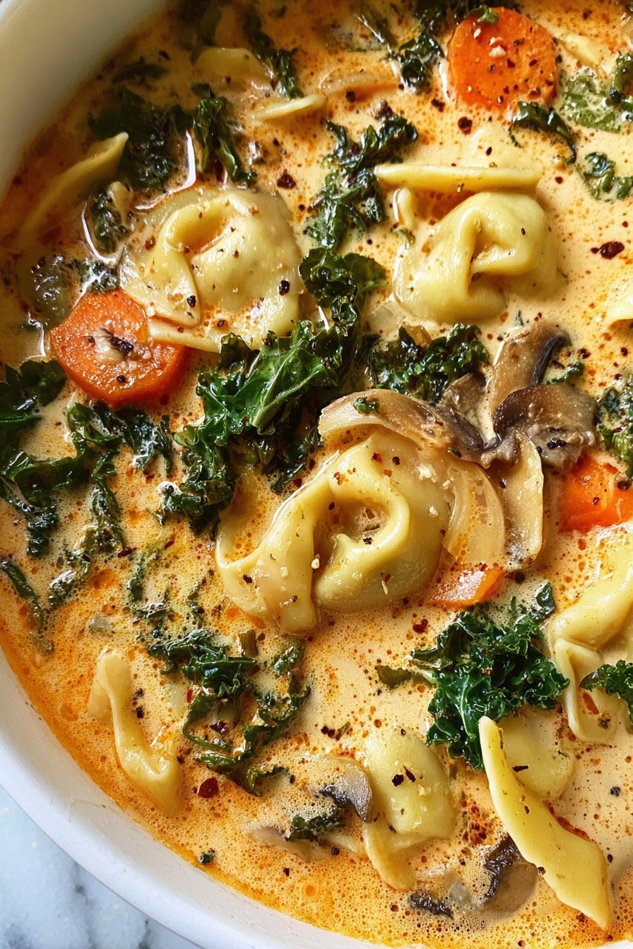 The image shows a close-up view of a creamy orange soup filled with three clear layers: the top layer has bright green kale leaves that add texture and pop against the orange broth; the middle layer consists of soft noodles that are white with a slightly wavy, ruffled shape; the bottom layer contains small diced orange carrot pieces and darker, thinly sliced mushrooms scattered throughout the liquid. The broth looks smooth and slightly shiny with specks of black pepper seasoning floating throughout. The soup is inside a white bowl on a white marbled surface. photo taken with an iphone --ar 2:3 --v 7