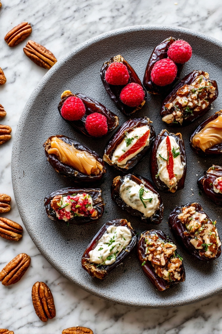 A gray speckled plate holds several dark brown dates, each halved and stuffed with different fillings. One group shows dates filled with smooth tan nut butter topped with bright red raspberries. Another group features dates filled with creamy white cheese, garnished with small green herb sprigs and a single pecan on top. A third type includes dates filled with tan nut butter and sprinkled with chopped light brown nuts. The plate sits on a white marbled surface, with some scattered chopped nuts around it. Photo taken with an iphone --ar 2:3 --v 7