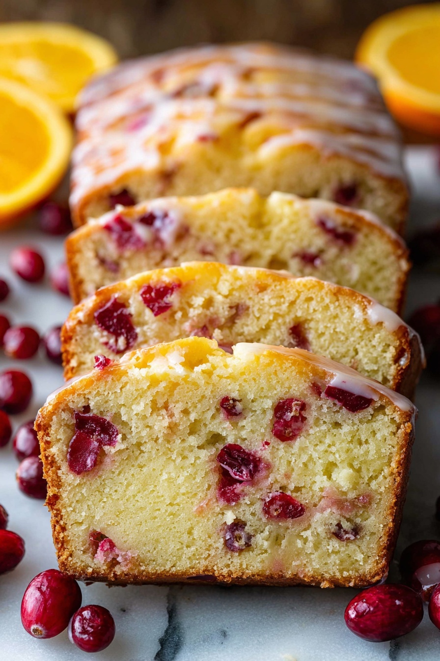 The image shows a loaf of cranberry cake sliced into six pieces arranged one behind the other on a dark surface. The cake has a light yellow color with bright red cranberry pieces evenly spread inside. The top of the cake is covered with a light glaze that adds a shiny texture. Fresh cranberries and an orange cut in half are placed casually on the right side near the cake. The background has a white marbled texture. photo taken with an iphone --ar 2:3 --v 7