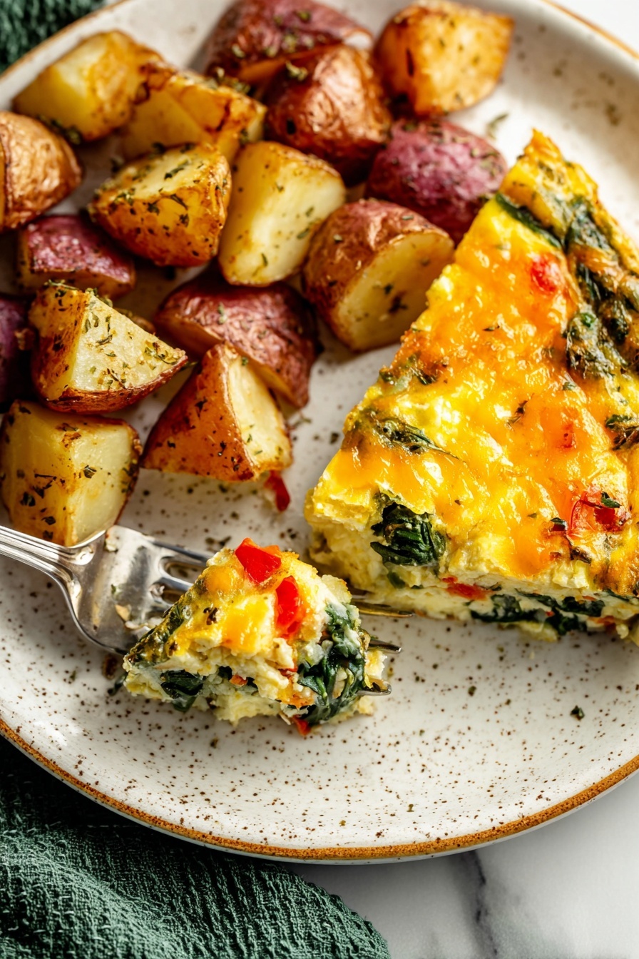 This image shows a golden brown baked egg dish cut into squares, with one square being lifted by a silver spatula. The dish has three visible layers: the top layer is melted cheese with a bubbly, slightly crispy texture in shades of orange and yellow; the middle layer shows cooked spinach and small pieces of red pepper scattered throughout a creamy, light yellow egg mixture; the bottom layer is a slightly browned crust. The dish is in a clear glass baking dish, placed on a white marbled surface. Photo taken with an iphone --ar 2:3 --v 7