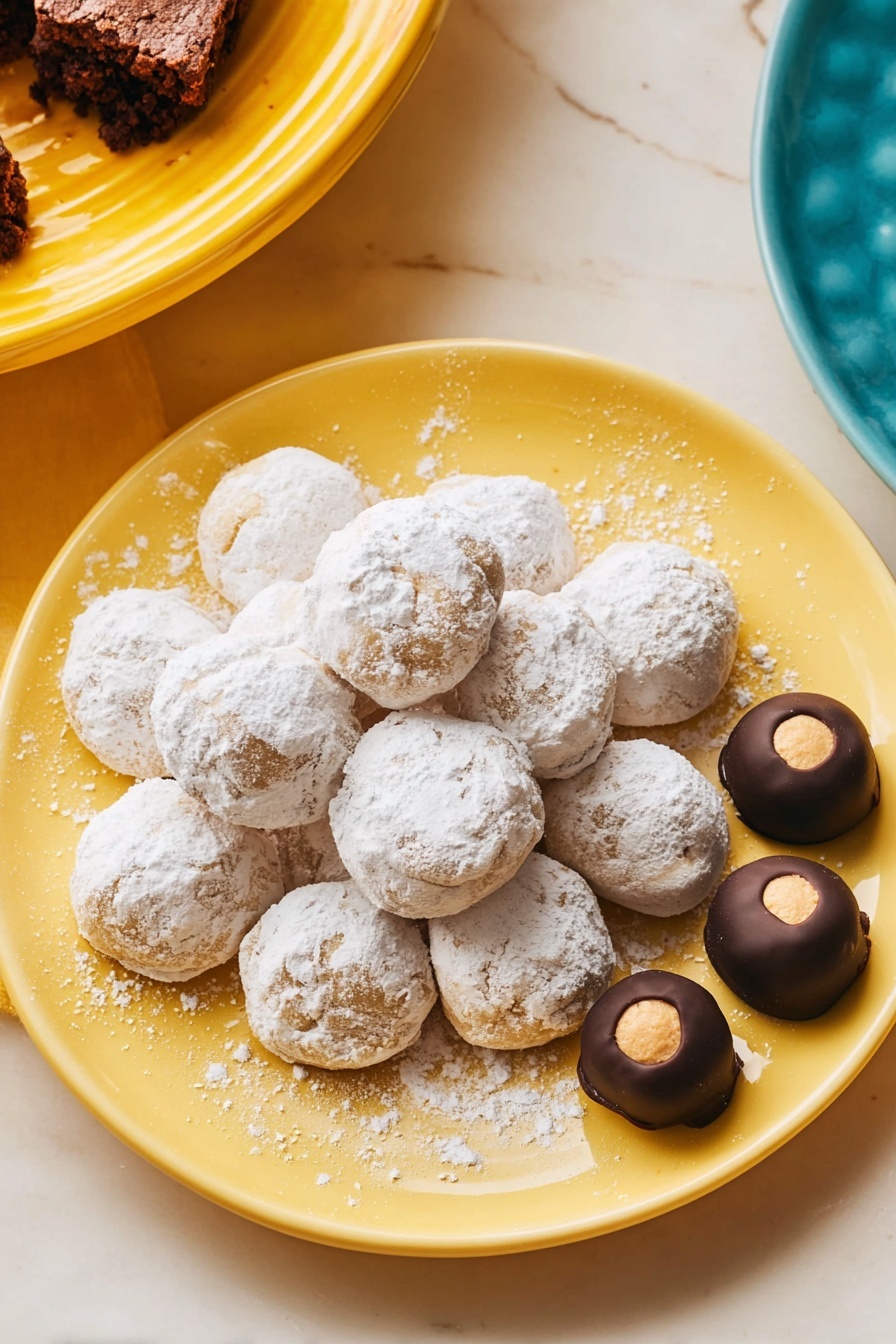 There is a white oval plate filled with two types of small round treats placed side by side. On the left side, there are about eight light beige cookies dusted with white powdered sugar, giving them a soft, powdery texture. On the right side, there are about eighteen small chocolate-covered round sweets with a smooth, dark brown chocolate coating and a beige center exposed on the top of each piece. The plate is on a white marbled surface with a soft blue background. photo taken with an iphone --ar 2:3 --v 7