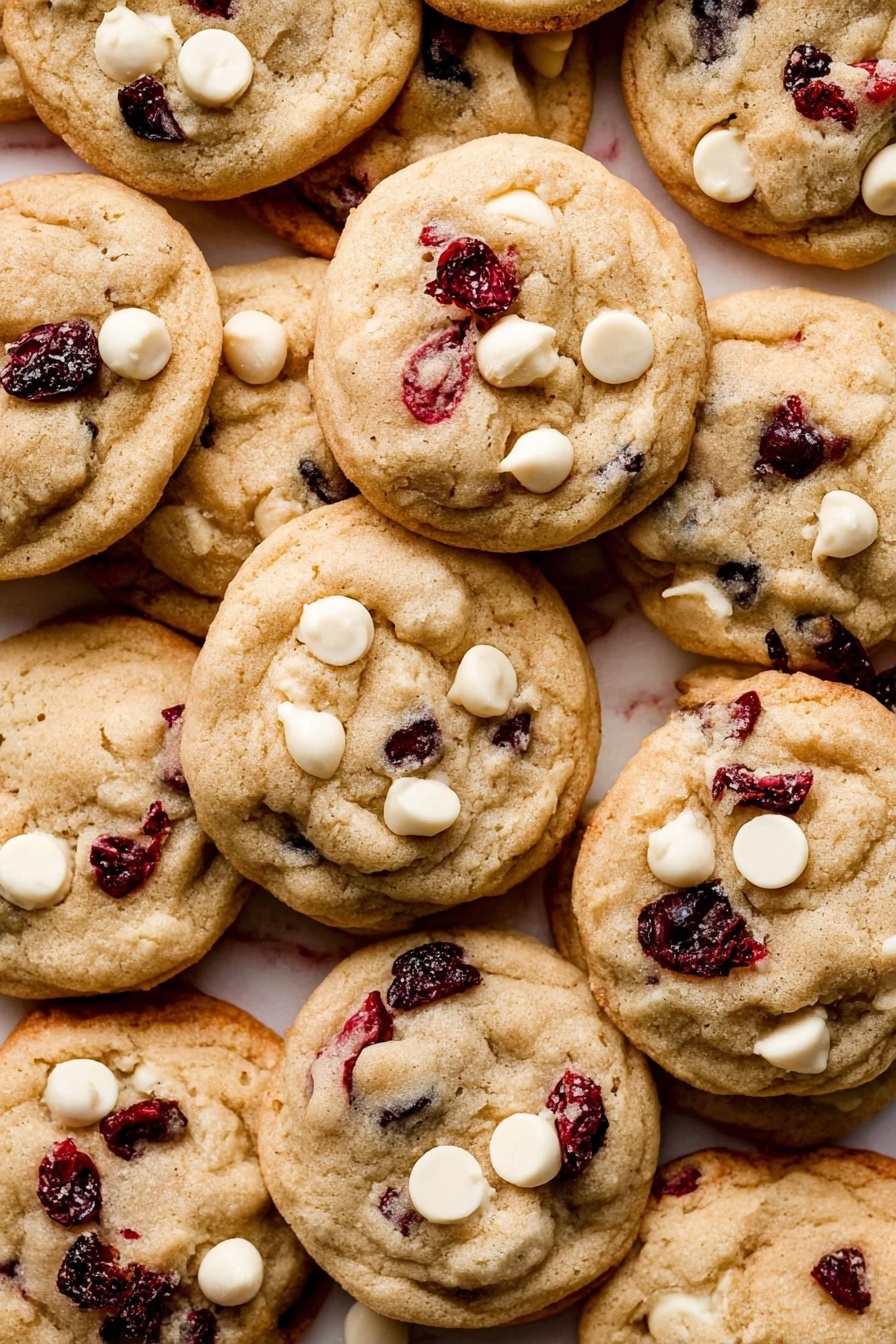 A close-up view of many soft, round cookies stacked slightly on top of each other, each with a light golden brown dough base. Inside the dough are dark red dried cranberries and smooth white chips scattered on the top and embedded in the cookie. The cookies have a slightly bumpy texture from the dried fruit and chips. The background is a white marbled texture. photo taken with an iphone --ar 2:3 --v 7