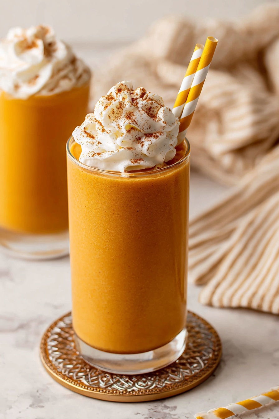 The image shows a tall clear glass filled with a smooth, orange-colored drink topped with a swirl of white whipped cream dusted with brown spice powder. A white and mustard-yellow striped paper straw is placed inside the glass, slightly tilting to the right. The glass sits on a white coaster with a decorative lace-like edge on a white marbled surface. In the background, another glass with the same drink and whipped cream is partly visible, along with a jar filled with brown contents. A beige and white striped cloth napkin is placed folded near the glass. Photo taken with an iphone --ar 2:3 --v 7