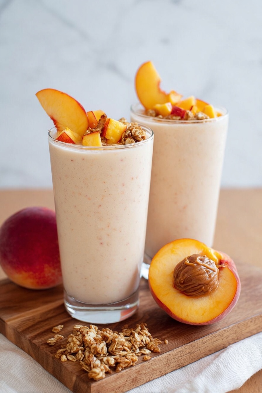 Two tall glasses filled with a thick, creamy peach smoothie that is light beige with small specks of peach throughout. Each glass is topped with small crunchy granola pieces and a curved slice of peach resting on the rim. The glasses sit on a wooden board placed on a white marbled surface. Nearby, there are two whole peaches—one whole and one cut in half, showing the bright orange and red skin with the pit visible in one half. Some loose granola pieces are scattered on the board near the glasses. The background is soft grey and out of focus. photo taken with an iphone --ar 2:3 --v 7