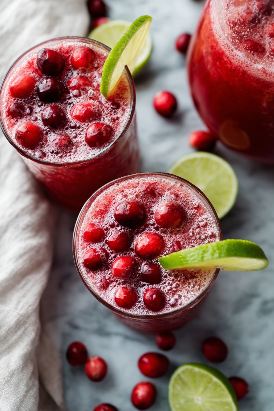 Two clear glasses filled with a red bubbly drink, each topped with several red cranberries floating on the surface and a green lime wedge placed on the edge. The drink looks frothy with small bubbles throughout. Scattered dark red cranberries lie near the glasses on a white marbled surface. Next to the glasses, there is a large clear pitcher filled with the same red drink showing bubbles on the inside. A crumpled white cloth is placed to the left side of the image. Photo taken with an iphone --ar 2:3 --v 7
