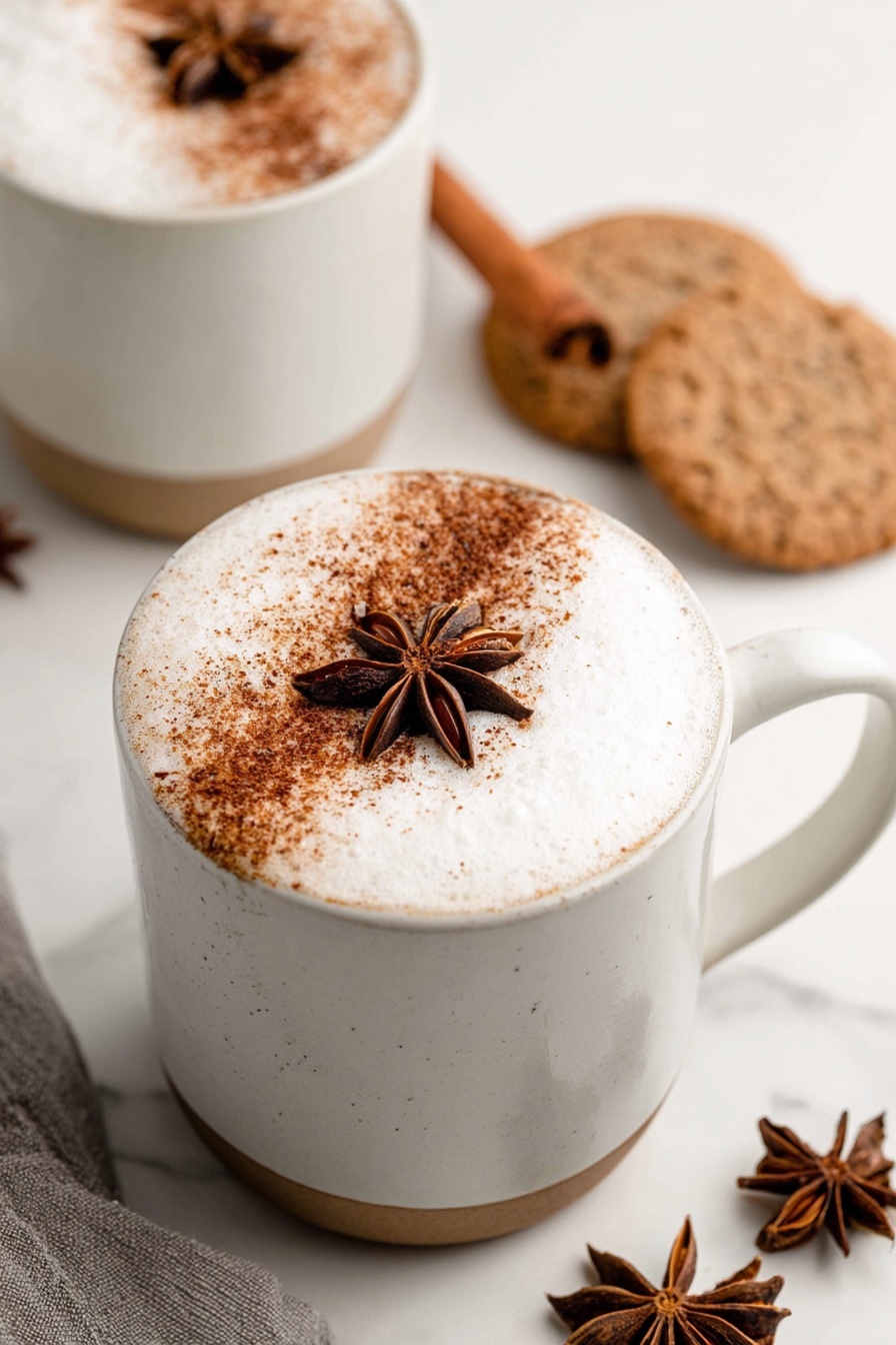 Two white mugs filled with foamy latte topped with a layer of light brown cinnamon powder covering half the surface and a single star anise placed on top. The mugs have a smooth, slightly speckled texture and simple shape. Around the mugs are some round, dark brown cookies with a rough cracked texture placed on a white marbled surface. A small piece of beige cloth with a star anise rests near one of the cookies. The scene is bright and clean with soft natural light. Photo taken with an iphone --ar 2:3 --v 7