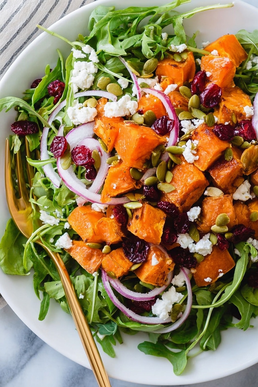 A white bowl filled with a colorful salad sits on a white marbled surface. The salad has three main layers: bright orange roasted sweet potato cubes on the top and middle, fresh dark green arugula leaves throughout, and small pieces of white crumbled cheese scattered on top. Thin slices of light purple onion and small dried red fruit pieces mix in with the greens. There are also small green pumpkin seeds spread evenly across the salad. A shiny gold fork rests inside the bowl on the right side. Some arugula leaves are placed around the bowl on the surface. photo taken with an iphone --ar 2:3 --v 7
